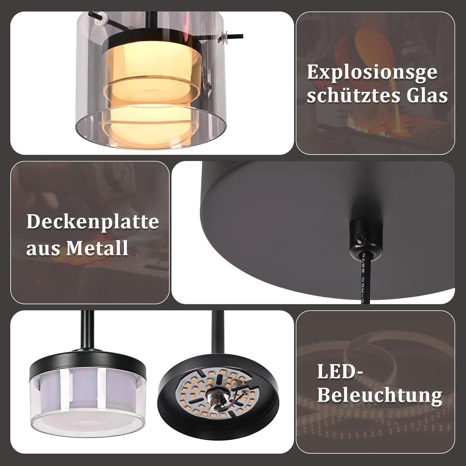 Dettagli lampada: cilindro vetro, piastra metallo, striscia LED, protezione.