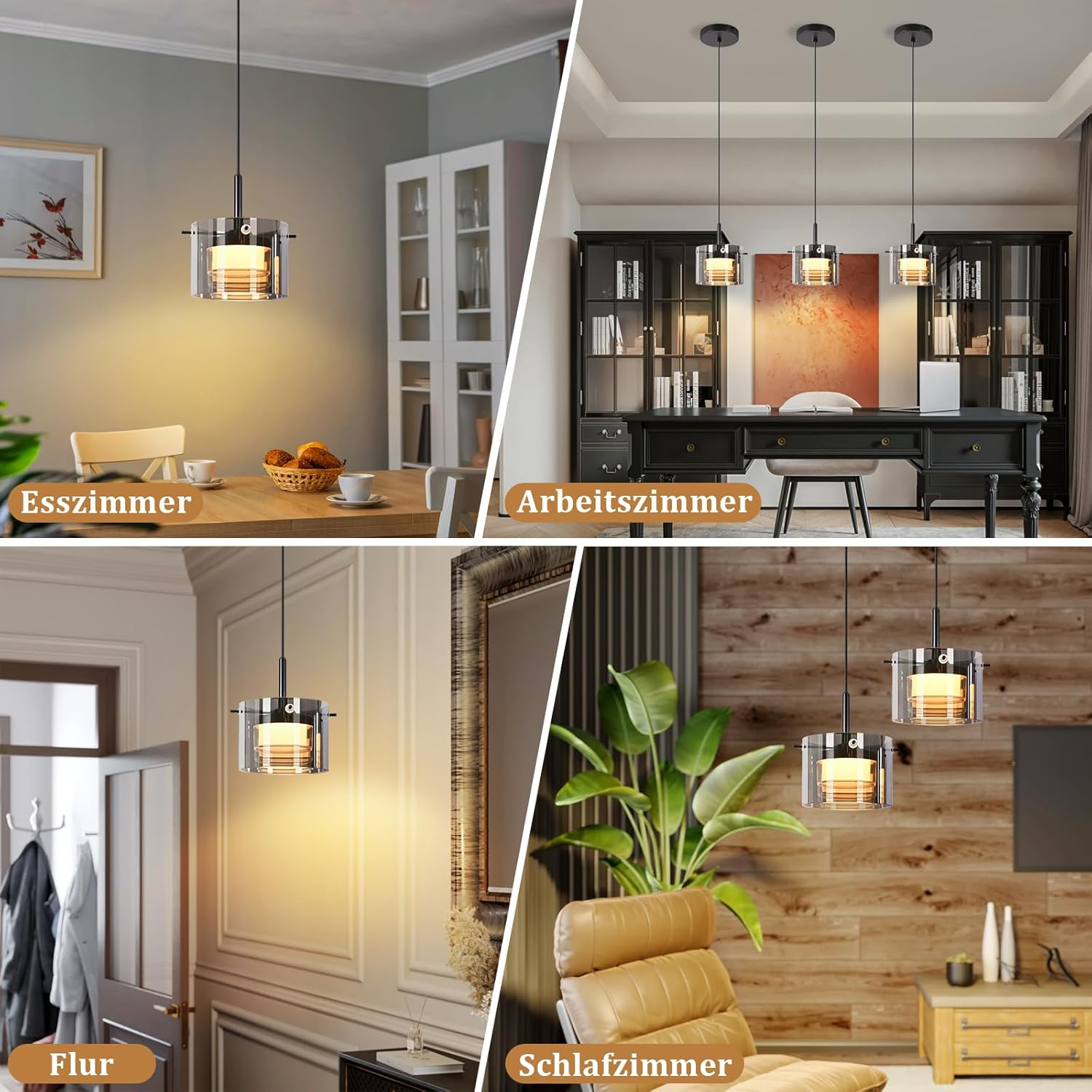 Quattro esempi di interni con lampade a sospensione moderne sopra tavolo da pranzo, scrivania, corridoio e soggiorno.