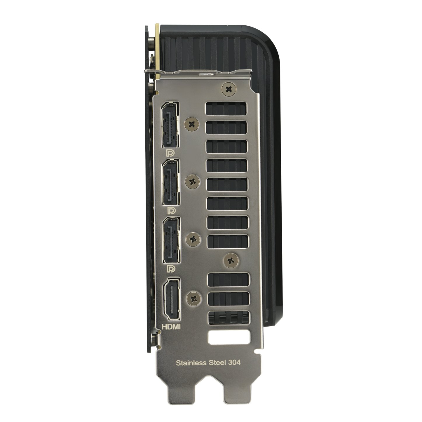 Parte trasera de una tarjeta gráfica con conexiones HDMI y DisplayPort.