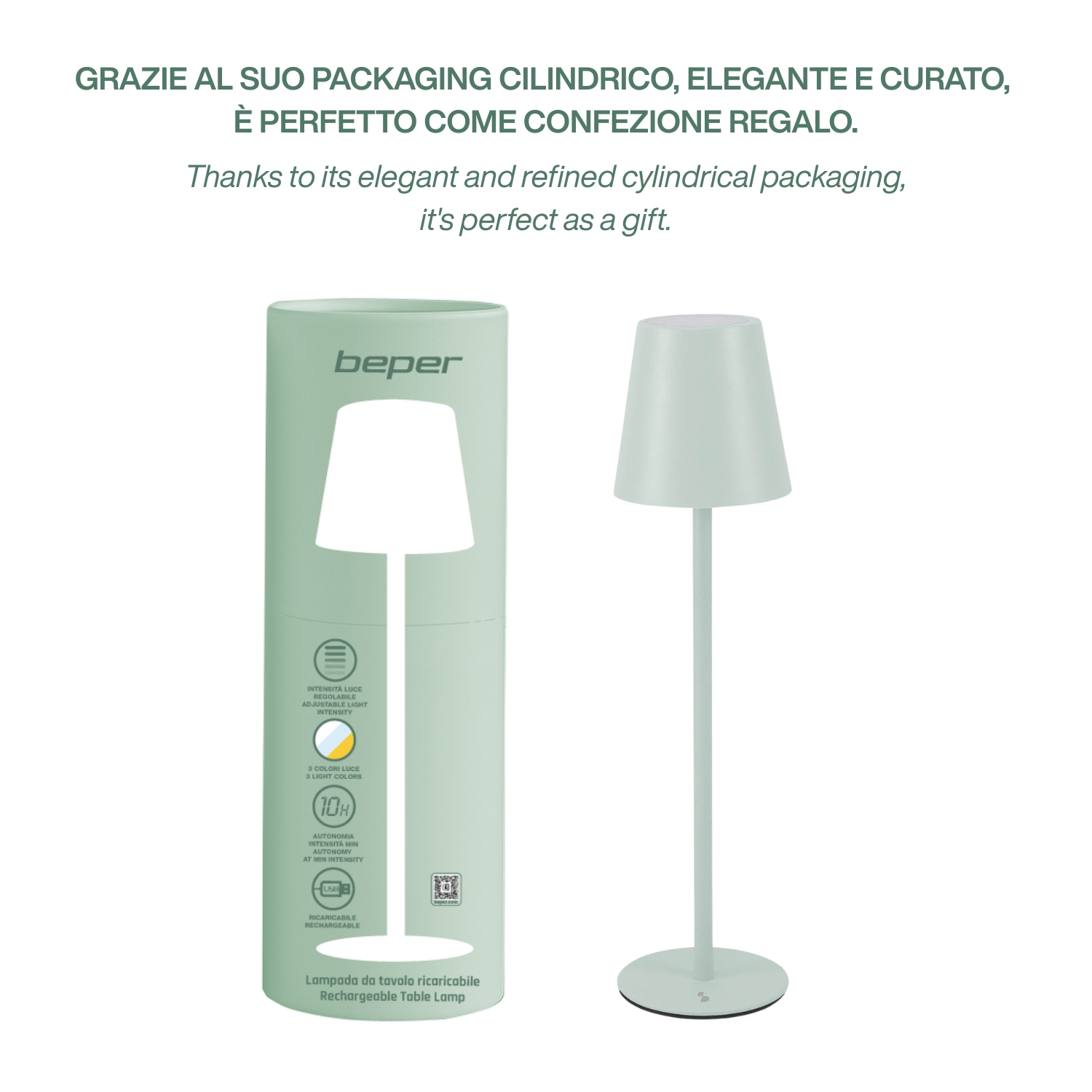 Un cilindro di confezione di lampada verde chiaro e una mockup di lampada accanto.