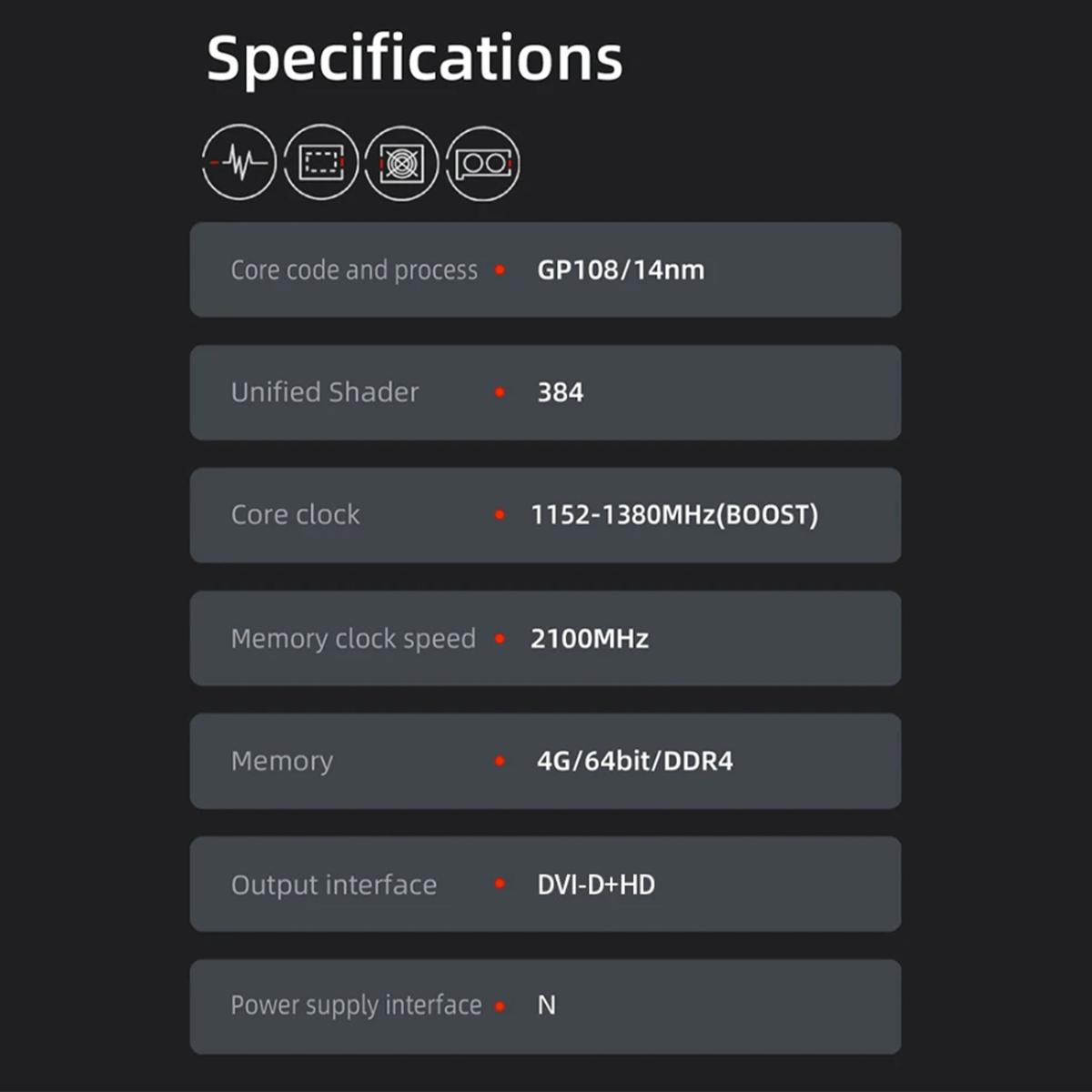 Specifiche: Core GP108/14nm, 384 Shader unificati, clock core 1152-1380MHz.