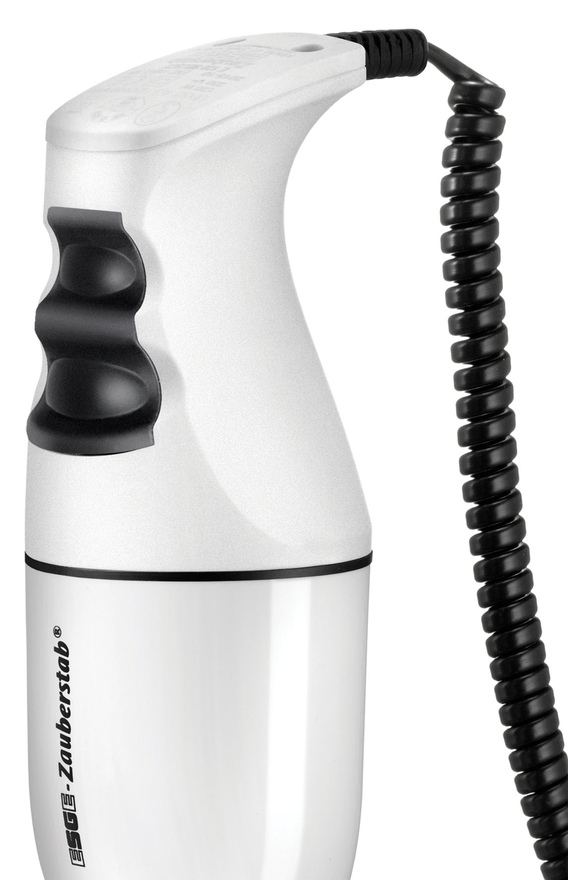 Ein weißer Handmixer mit schwarzem Griff und Spiralkabel.