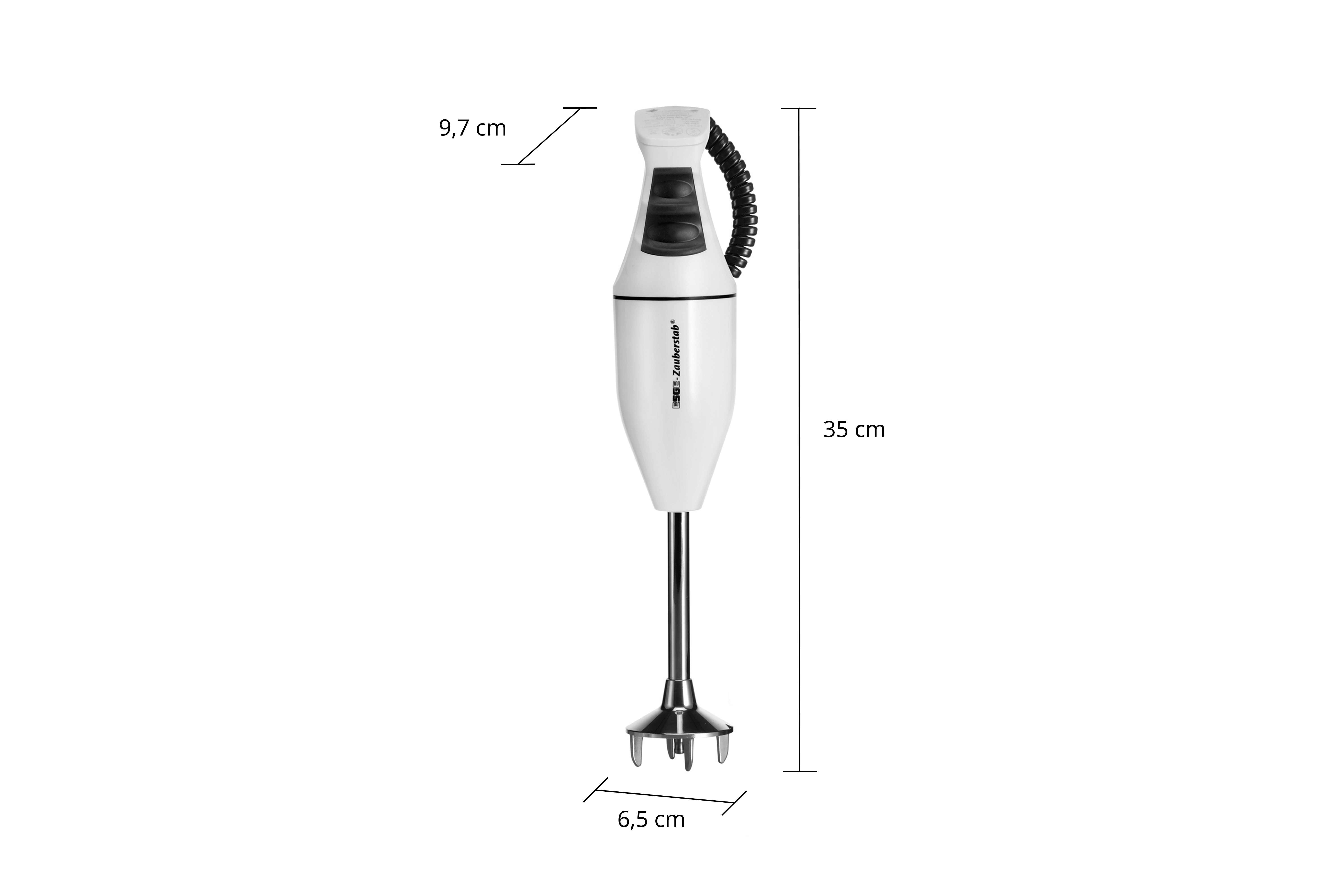 Ein weißer Stabmixer mit schwarzen Akzenten, 35cm lang.