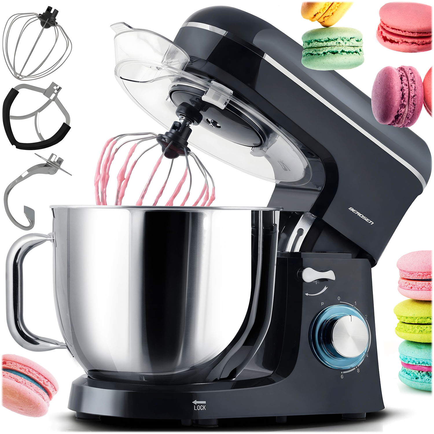 Czarny mikser stojący z srebrną misą, akcesoriami i makaronikami.