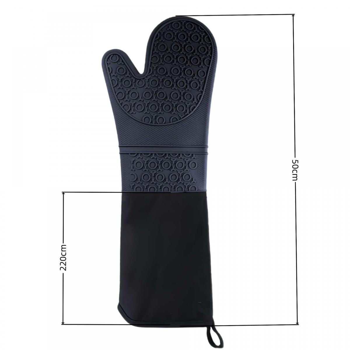 Grauer Ofenhandschuh mit schwarzem Stoffärmel und Maßangaben.