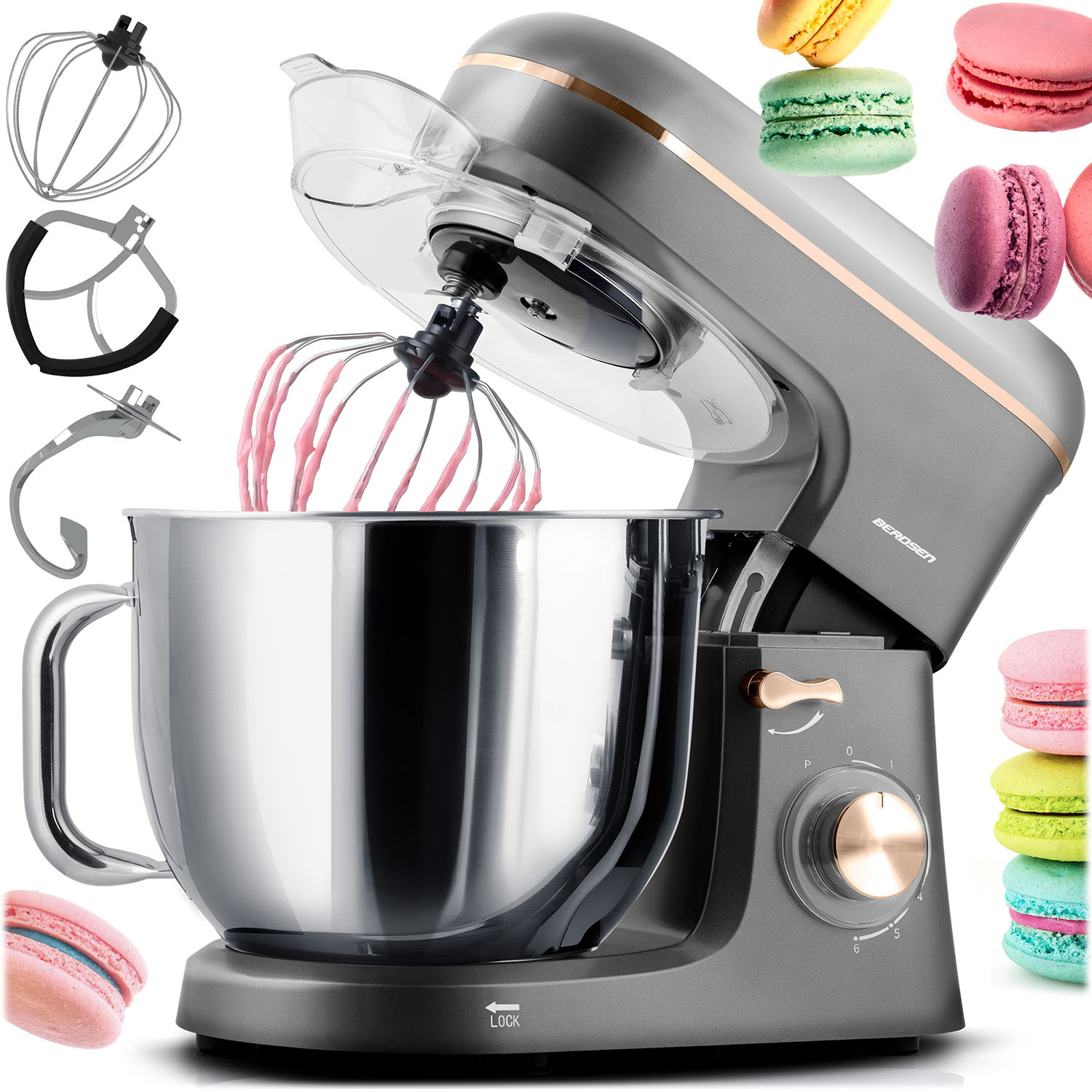 Szary mikser planetarny z akcesoriami i kolorowymi makaronikami.