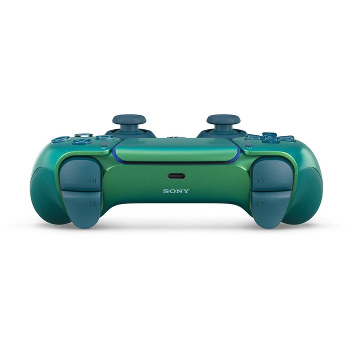 Zielono-niebieski kontroler Sony z dwoma joystickami i przyciskami.