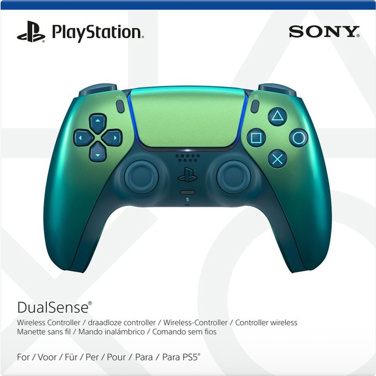 Zielono-niebieski kontroler PlayStation DualSense na białym tle.