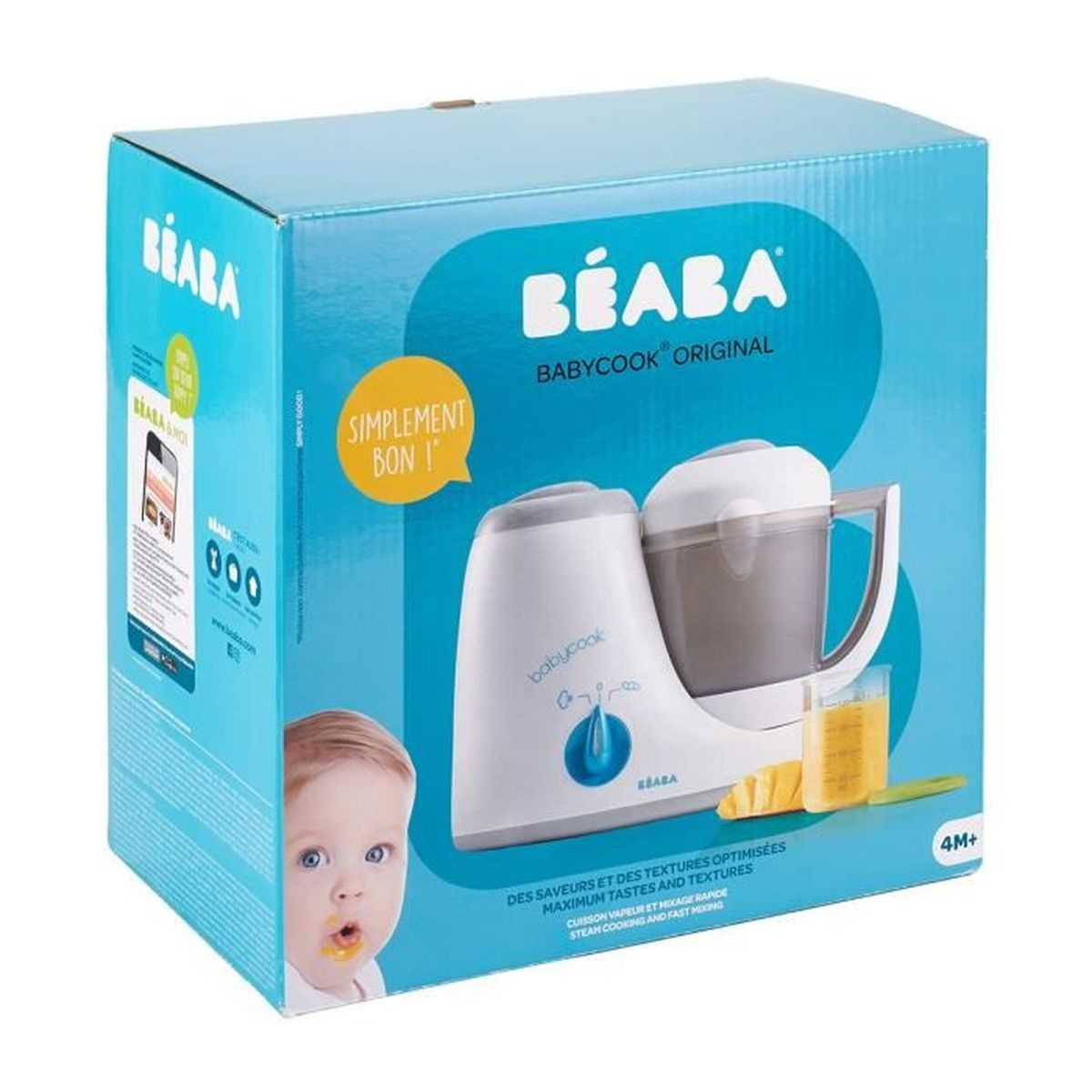 Beaba Babycook Original Verpackung mit Baby und Kochgerät.