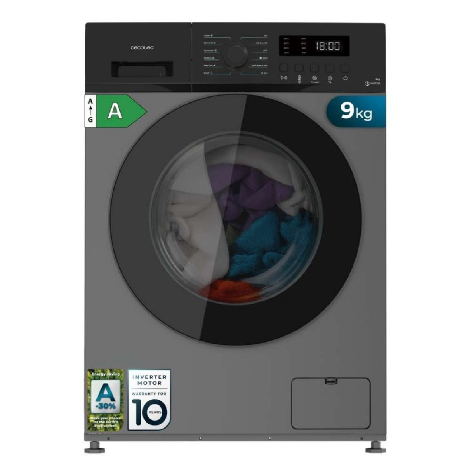 Lavadora gris con pantalla digital, clase energética A y capacidad de 9kg.