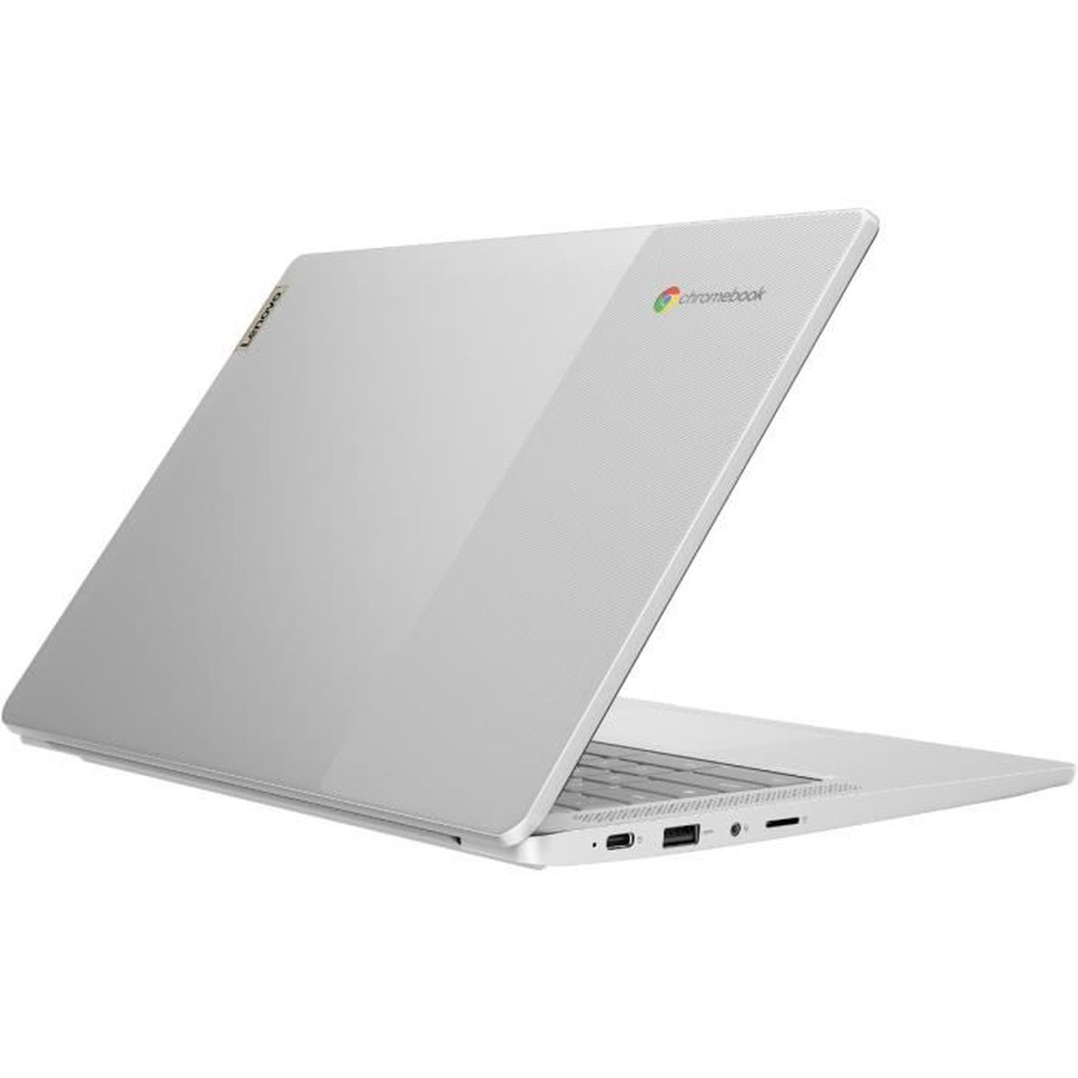 Ein geöffneter silberner Lenovo Chromebook Laptop mit dem Chromebook-Logo auf dem Deckel.