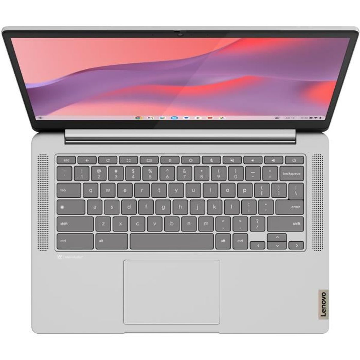 Ein offener heller Laptop mit silberner Tastatur und Touchpad. Der Bildschirm zeigt ein abstraktes Muster.