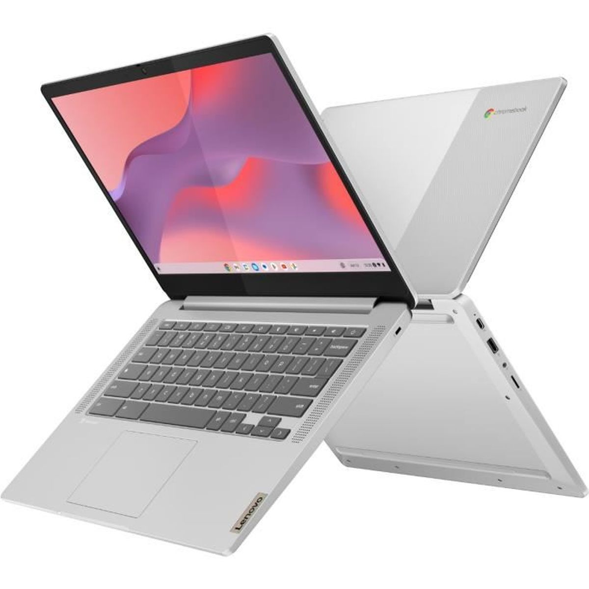 Ein geöffneter weißer Lenovo Chromebook mit einem lila und roten Hintergrund auf dem Bildschirm.