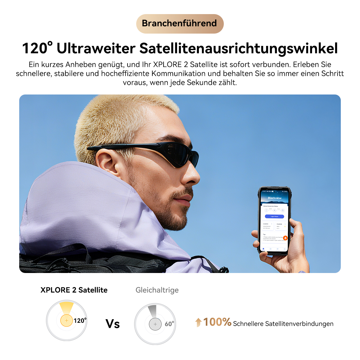 Mann mit Sonnenbrille hält Smartphone, das XPLORE 2 Satellitenverbindung zeigt.
