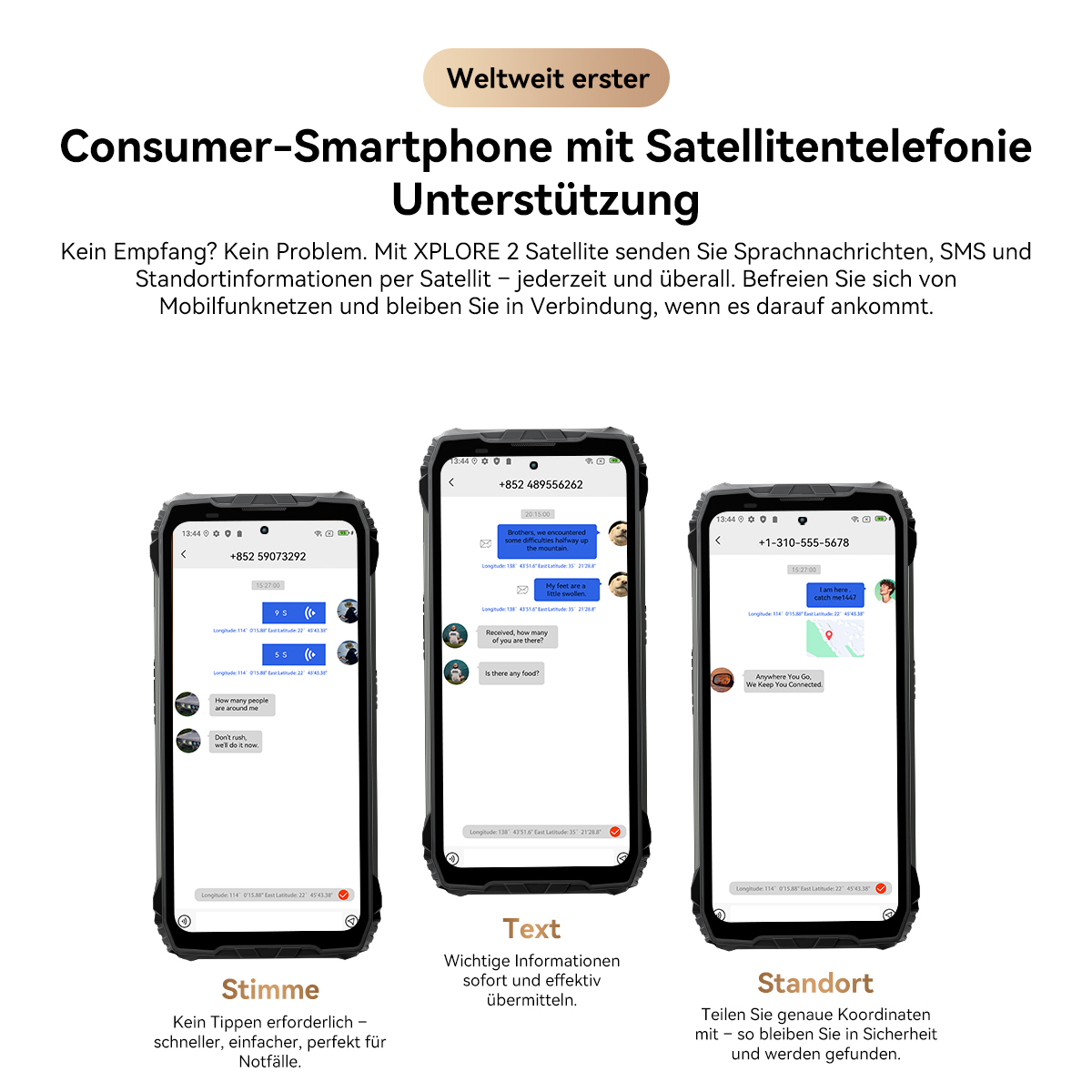 Drei Smartphones zeigen Chat-Nachrichten, Standortdaten und SMS über Satellit.