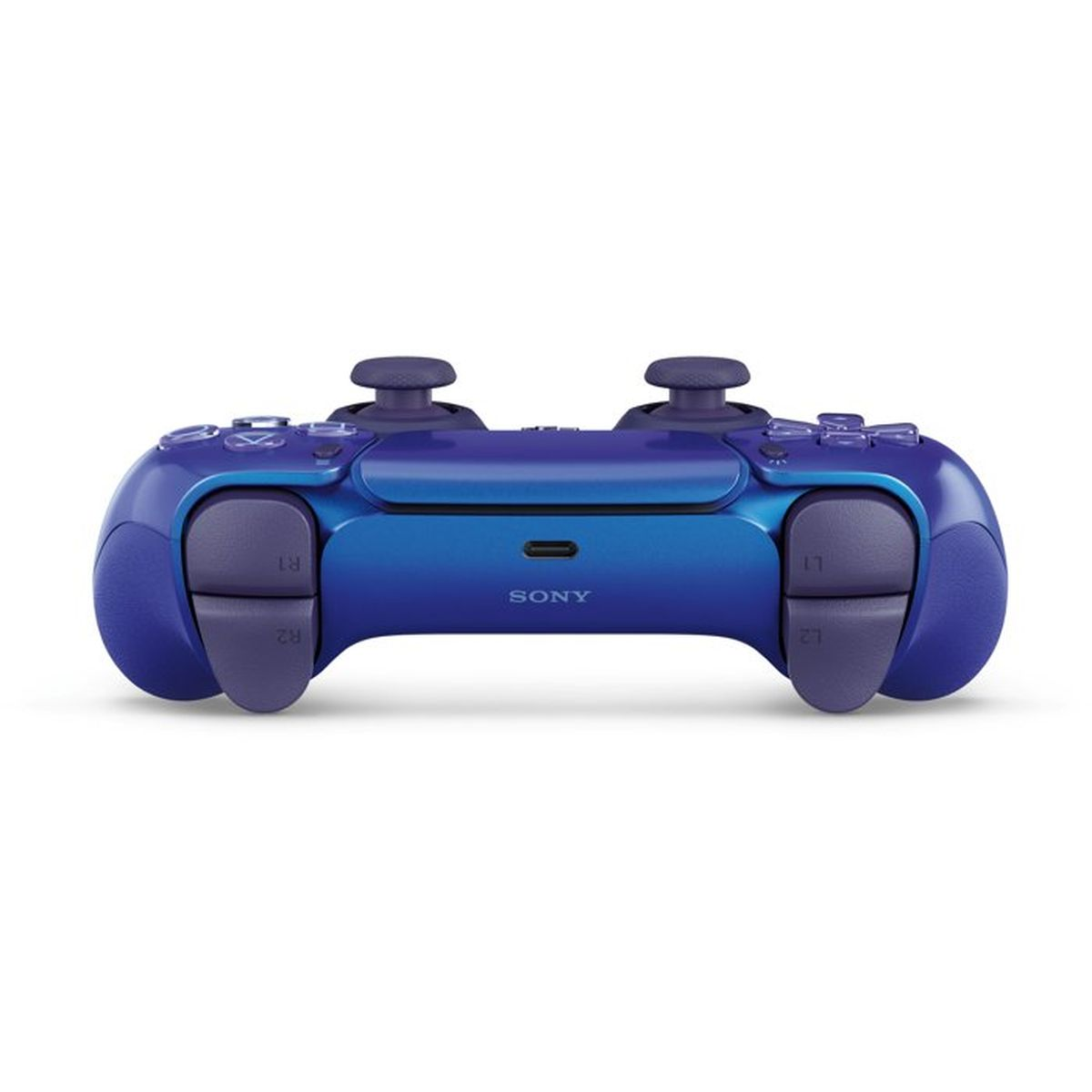 Ein blauer Sony-Controller mit lila Akzenten, Vorderansicht.