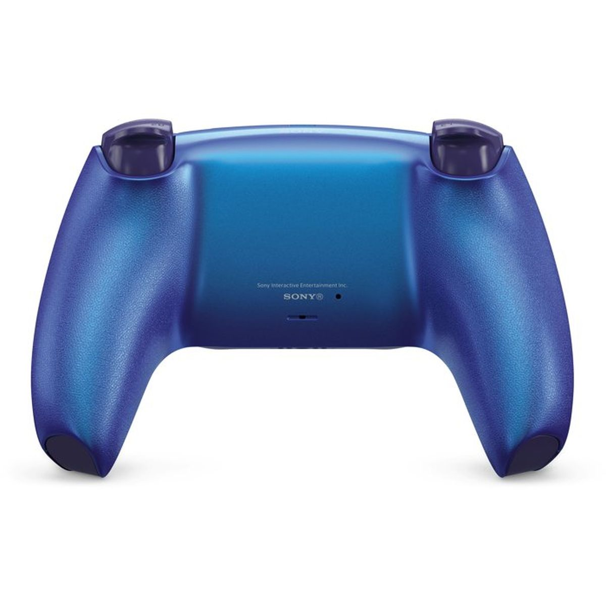 Ein blauer PlayStation 5 Controller von hinten mit Sony-Logo.