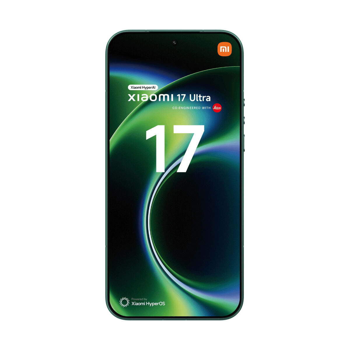 Een groene Xiaomi 17 Ultra smartphone met logo en het cijfer 17.