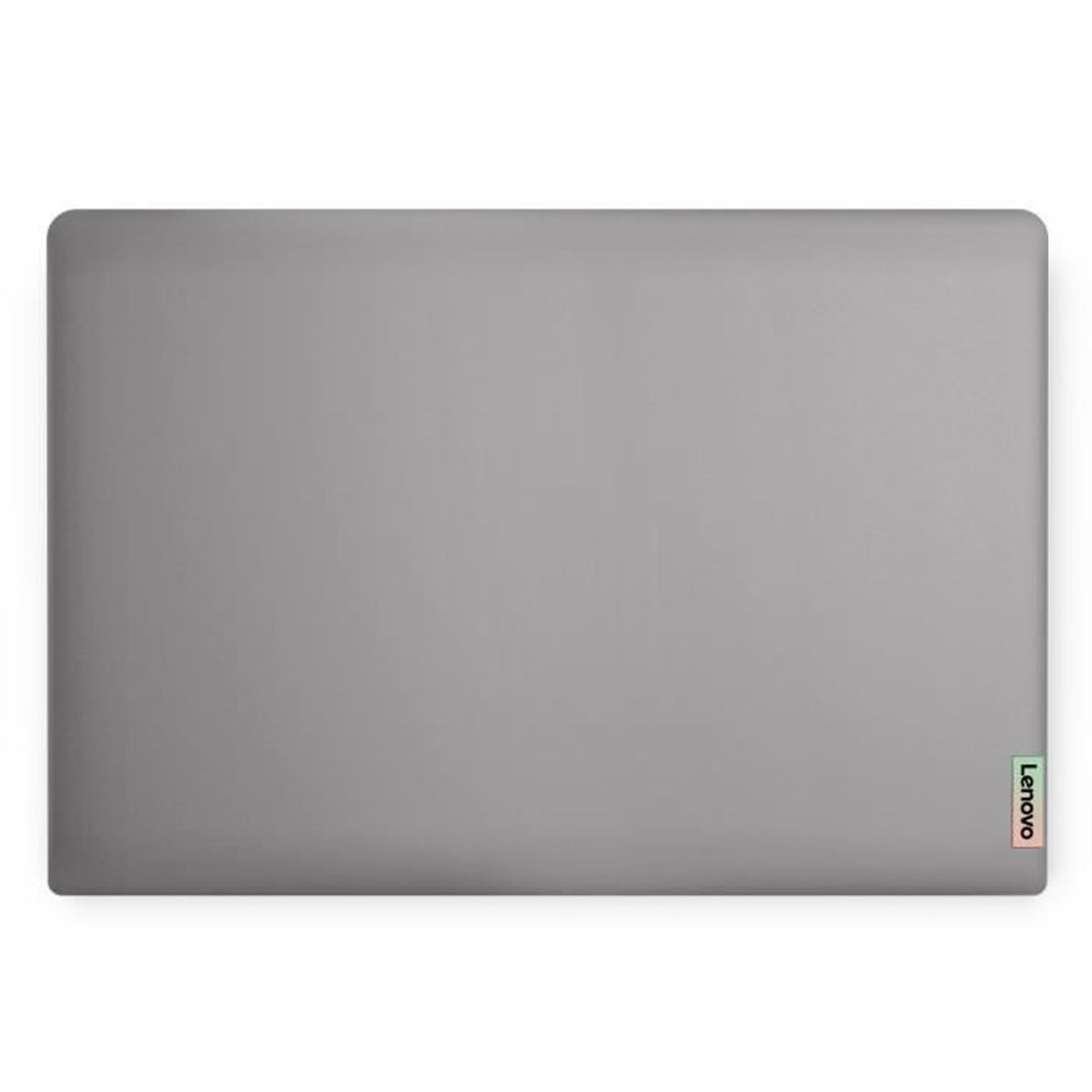 Szary laptop z logo Lenovo w prawym dolnym rogu.