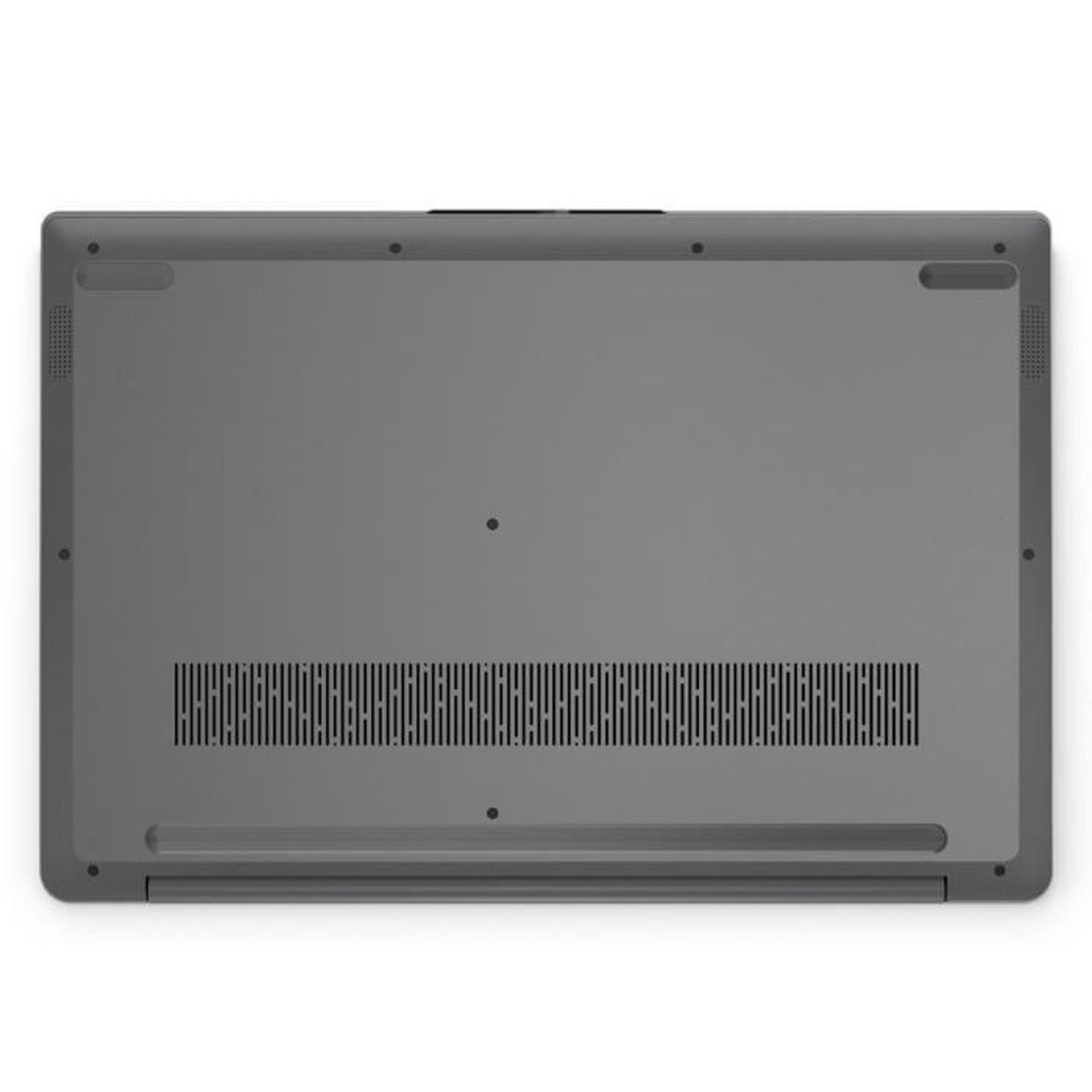 Szara podstawa laptopa z otworami wentylacyjnymi i śrubami.