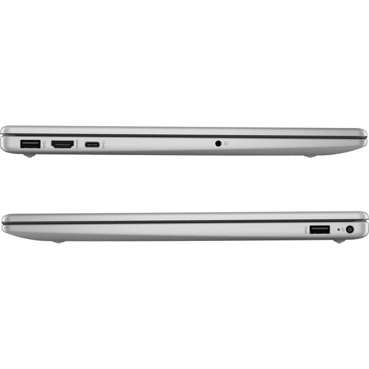 Srebrny laptop, widok z boku pokazujący porty na górnej i dolnej krawędzi.