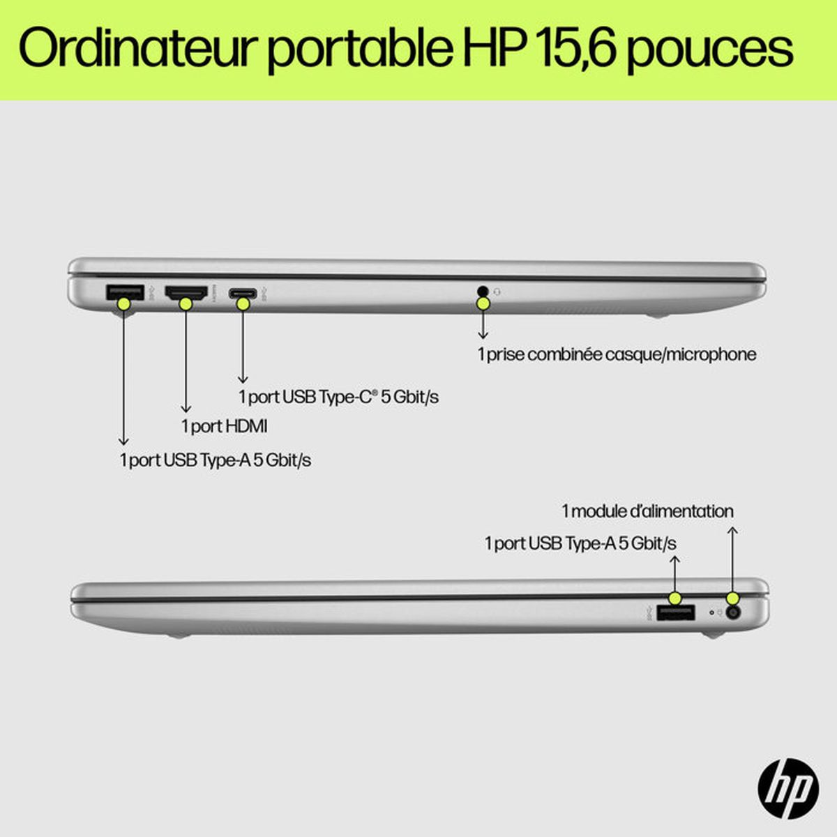 Srebrny laptop HP pokazujący porty: HDMI, USB-A, USB-C, słuchawki/mikrofon.