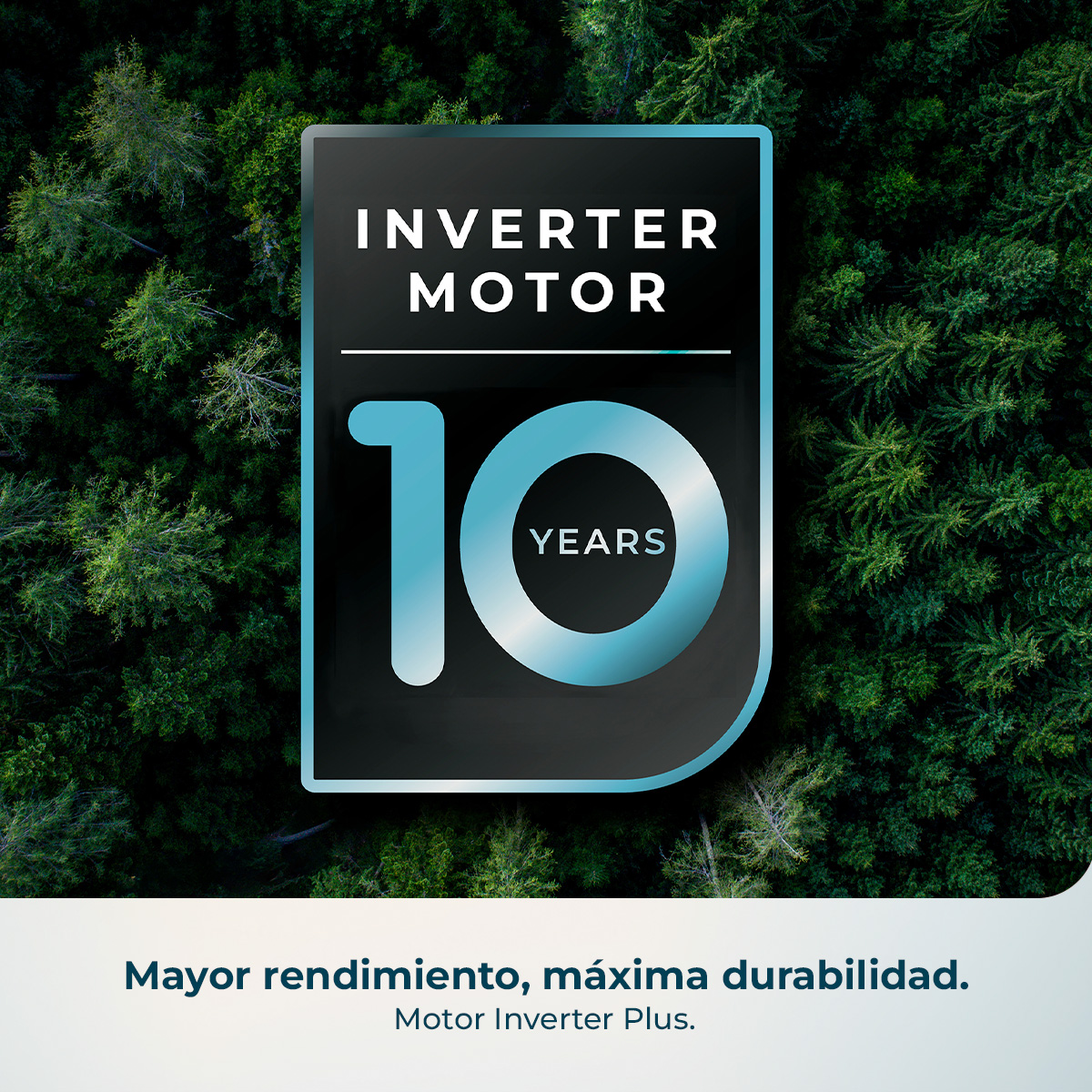 Logo con "INVERTER MOTOR 10 YEARS" sopra una foresta.