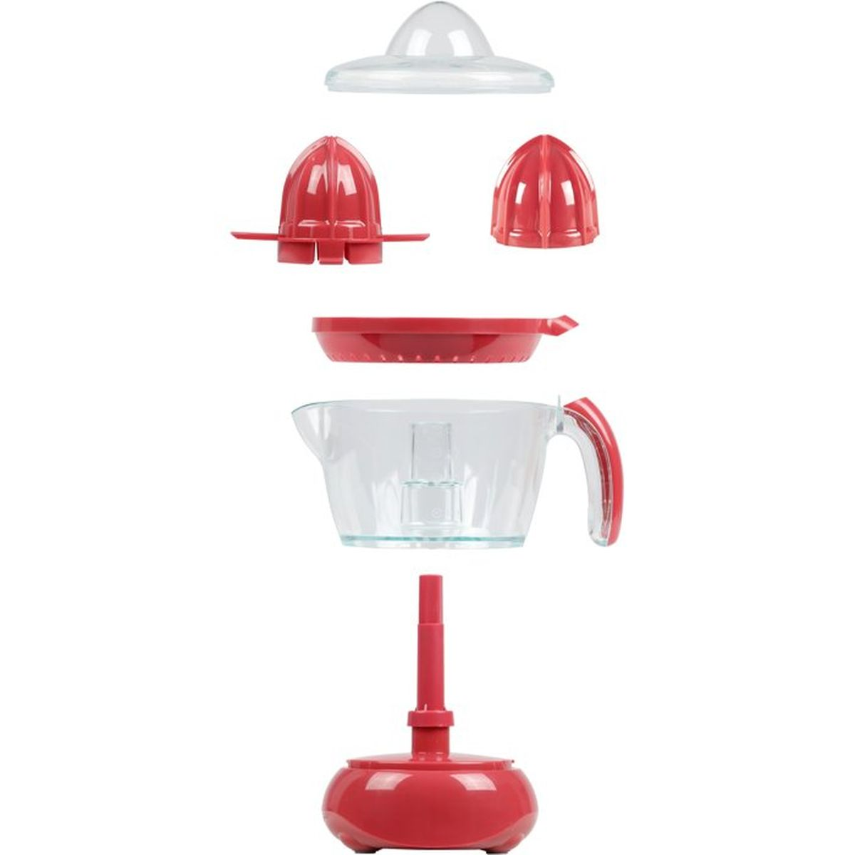 Spremiagrumi smontato: base rossa, caraffa, filtro, due conici e coperchio trasparente.