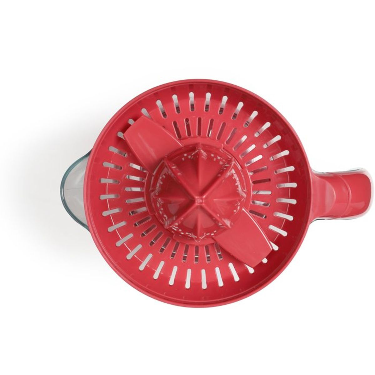 Un accessorio spremiagrumi rosso con manico, su sfondo bianco.