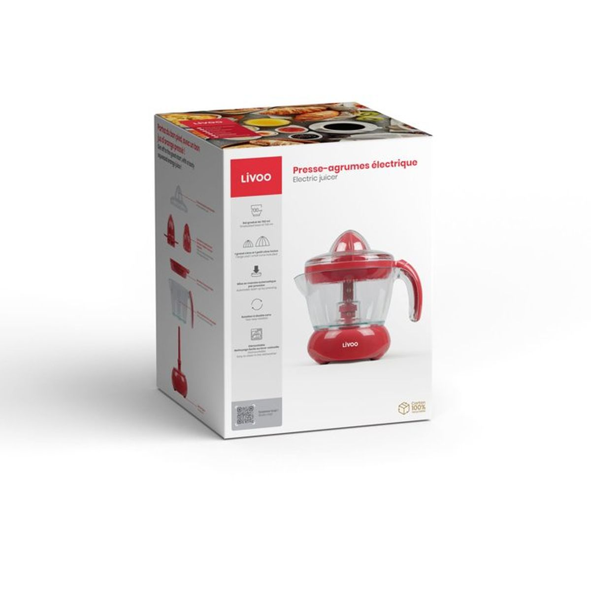 Spremiagrumi elettrico Livoo rosso sulla sua confezione con info.