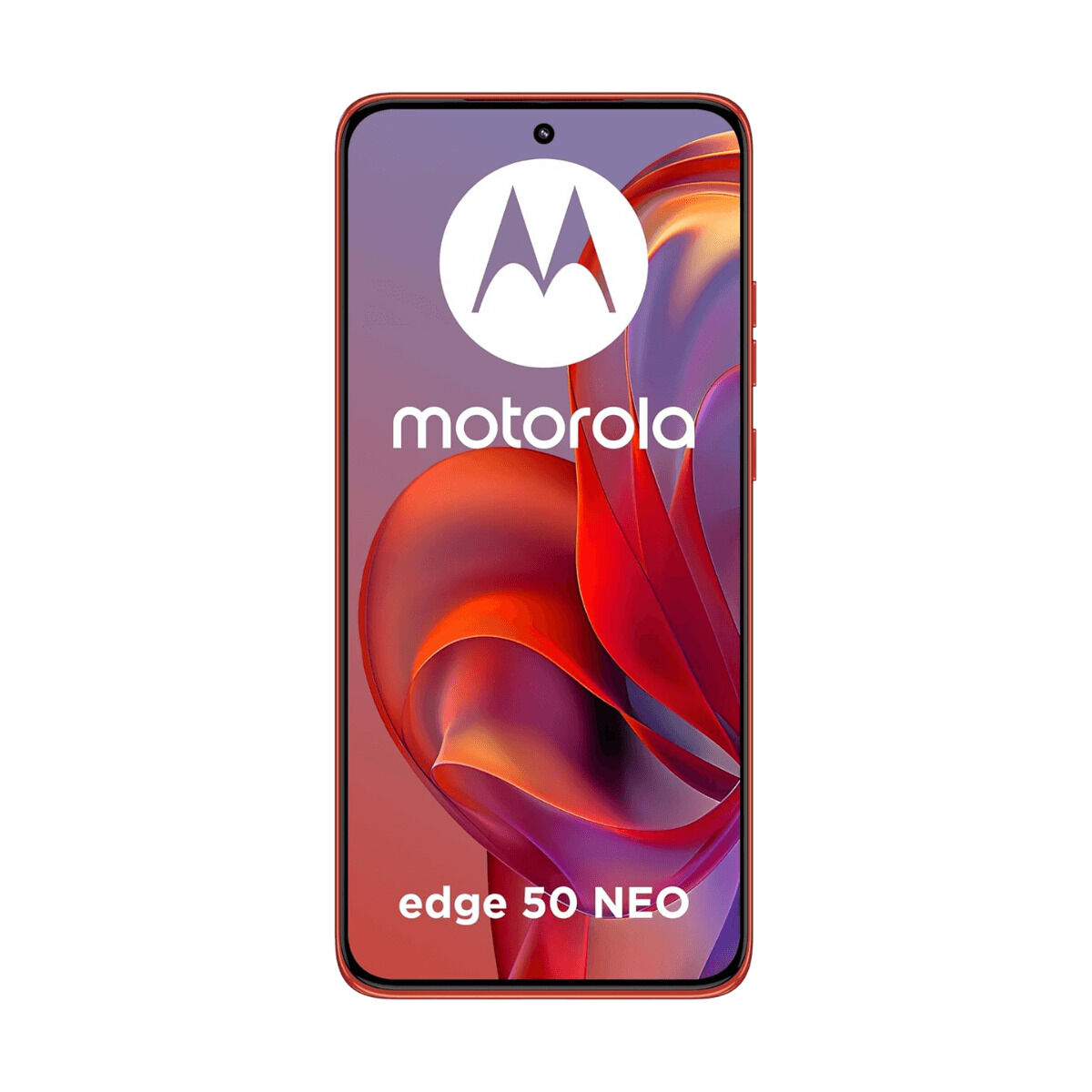 Czerwony smartfon Motorola Edge 50 Neo z abstrakcyjnym tłem.