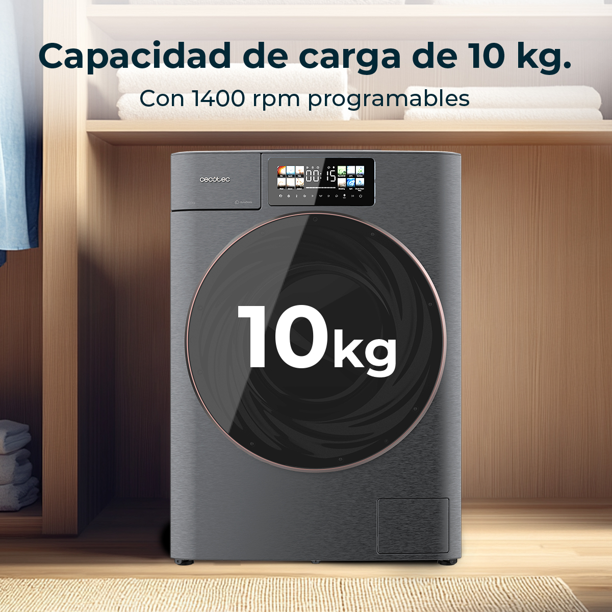 Graue Waschmaschine mit 10kg-Kapazität und digitalem Display.