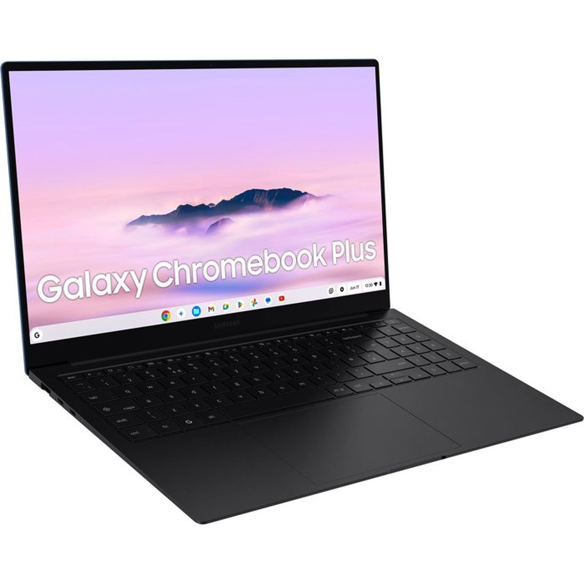 Ein offener schwarzer Samsung Chromebook Plus Laptop mit einem lila und rosa Hintergrund.