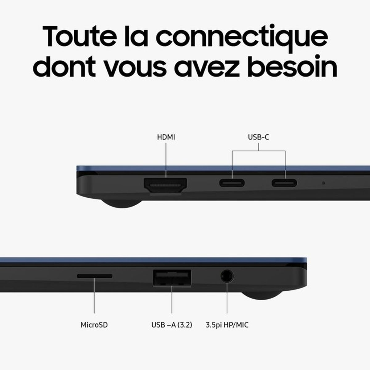 Anschlüsse eines Laptops: HDMI, USB-C, MicroSD, USB-A, Kopfhörer/Mikrofon.
