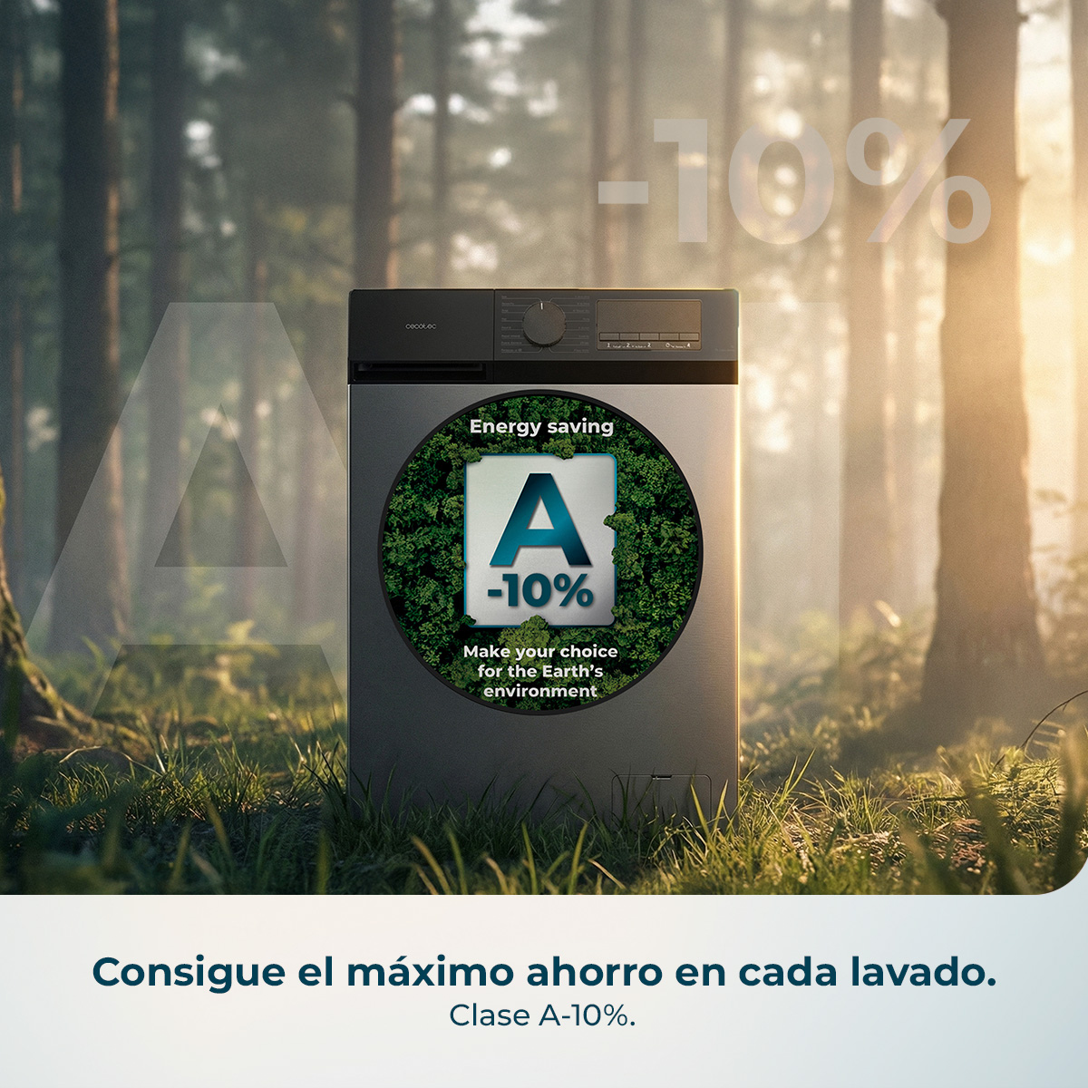 Eine Waschmaschine mit Energieeffizienz A -10% im Wald.