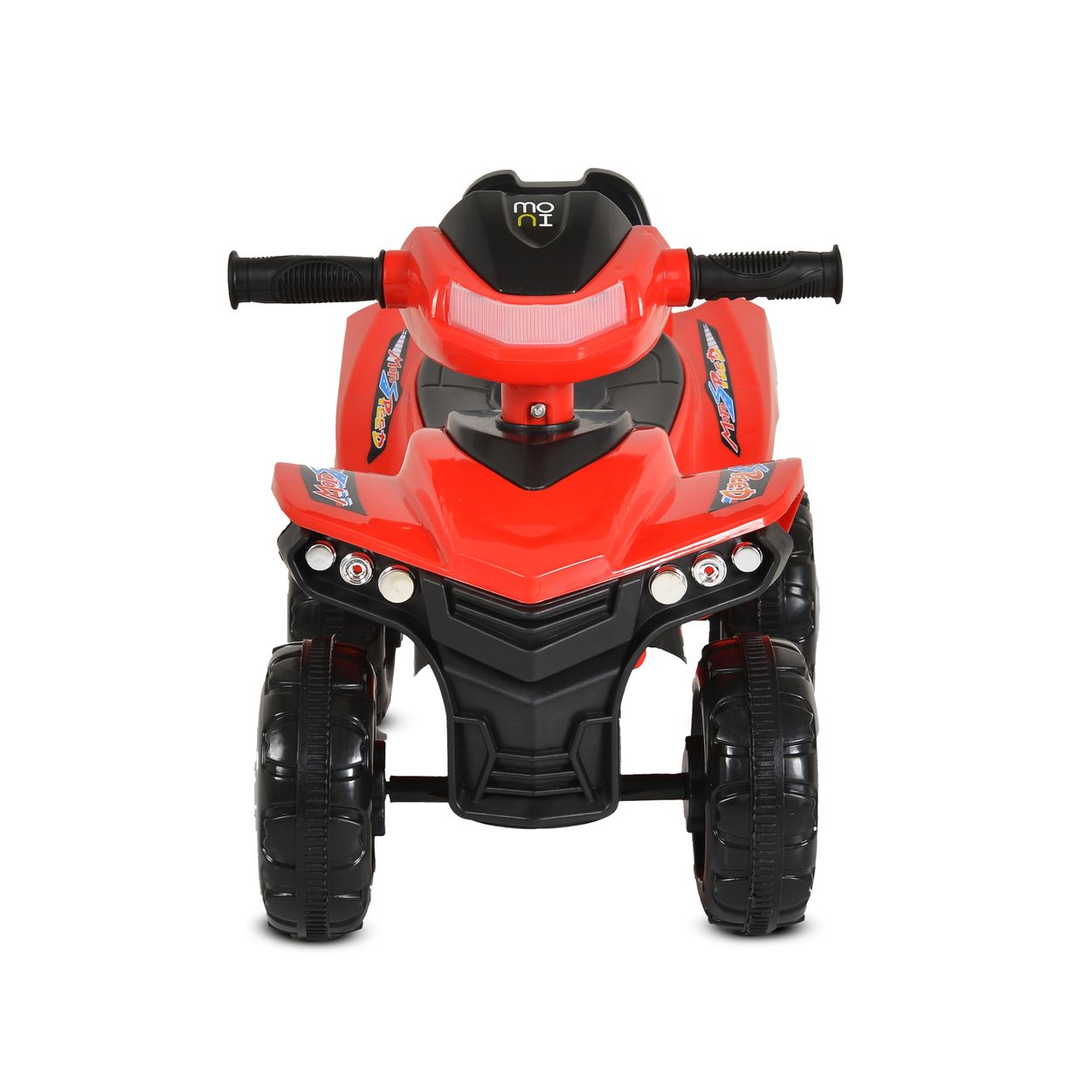 Roter Spielzeug-ATV mit schwarzen Rädern und Lenker, weißen Scheinwerfern und bunten Aufklebern.