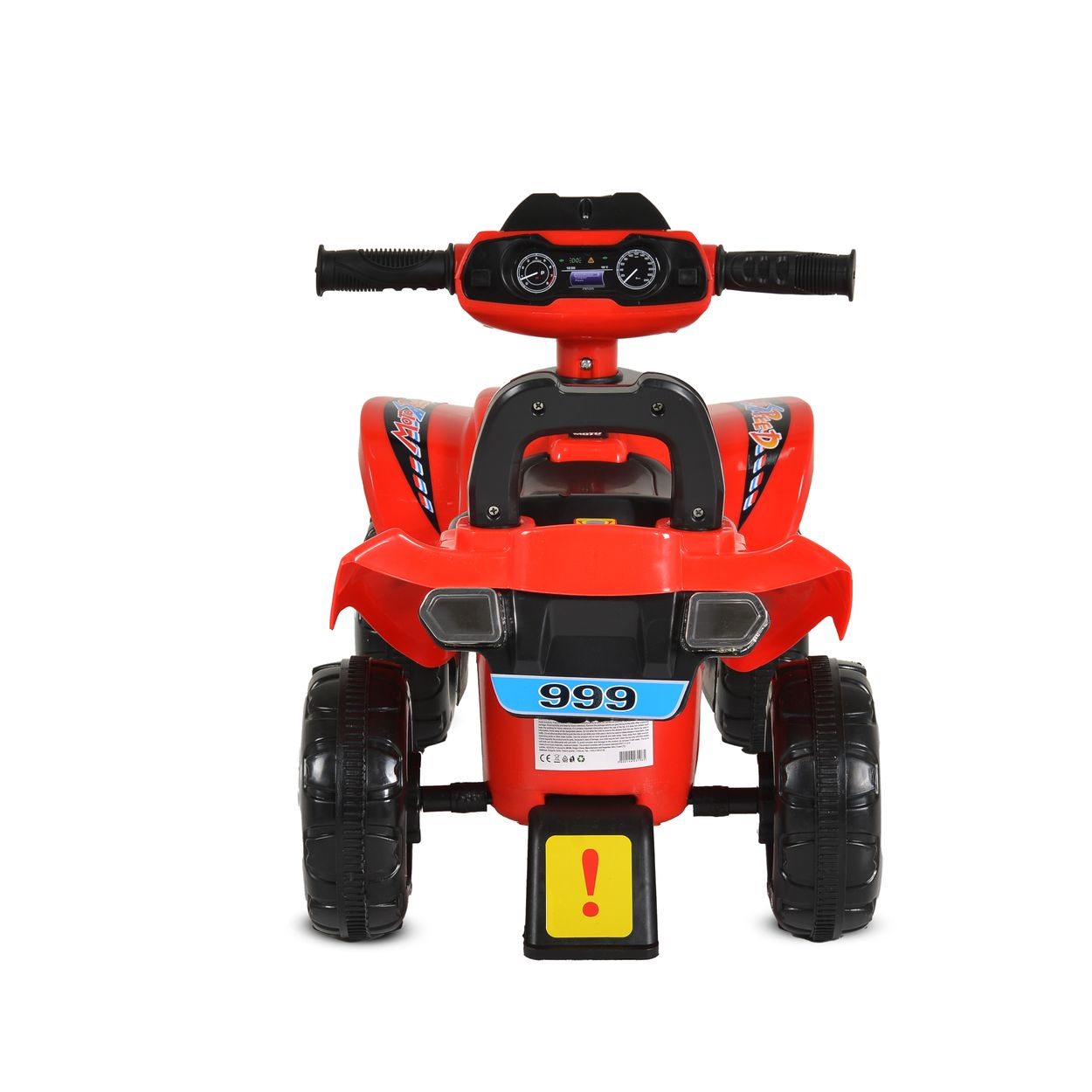 Rotes Kinder-Quad mit schwarzen Rädern, Lenker und Nummernschild 999.