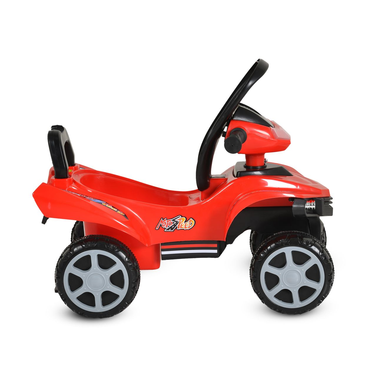 Ein rotes Kinderfahrzeug mit Lenkrad, Sitz und vier Rädern.