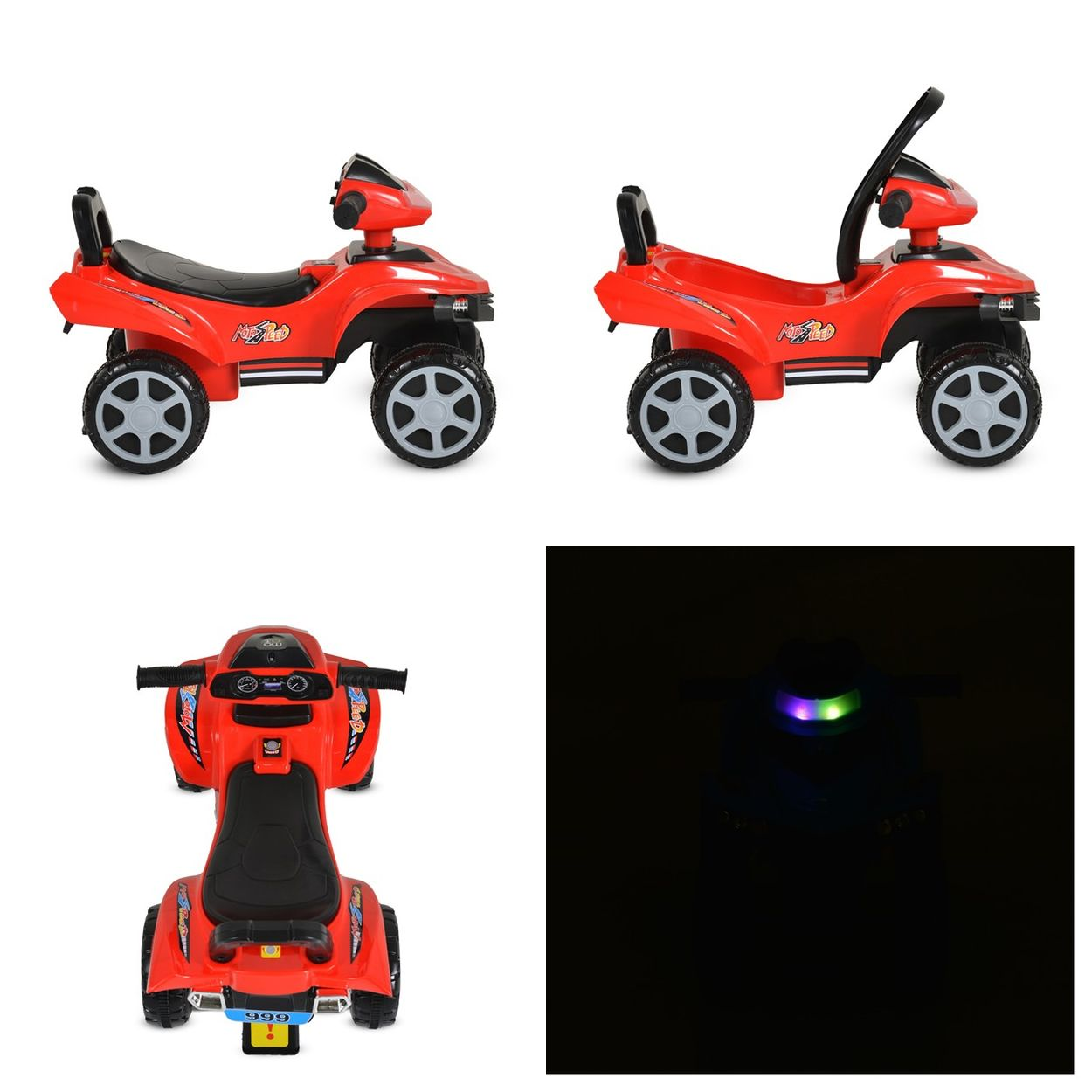 Rotes Kinder-Quad mit schwarzen und grauen Details, von vorne, Seite und dunkler Ansicht.