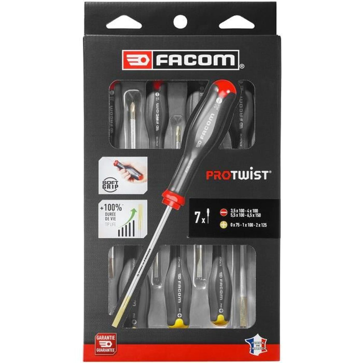 FACOM Protwist Schraubendreher-Set mit 7 Teilen, schwarze Griffe, rote Akzente.