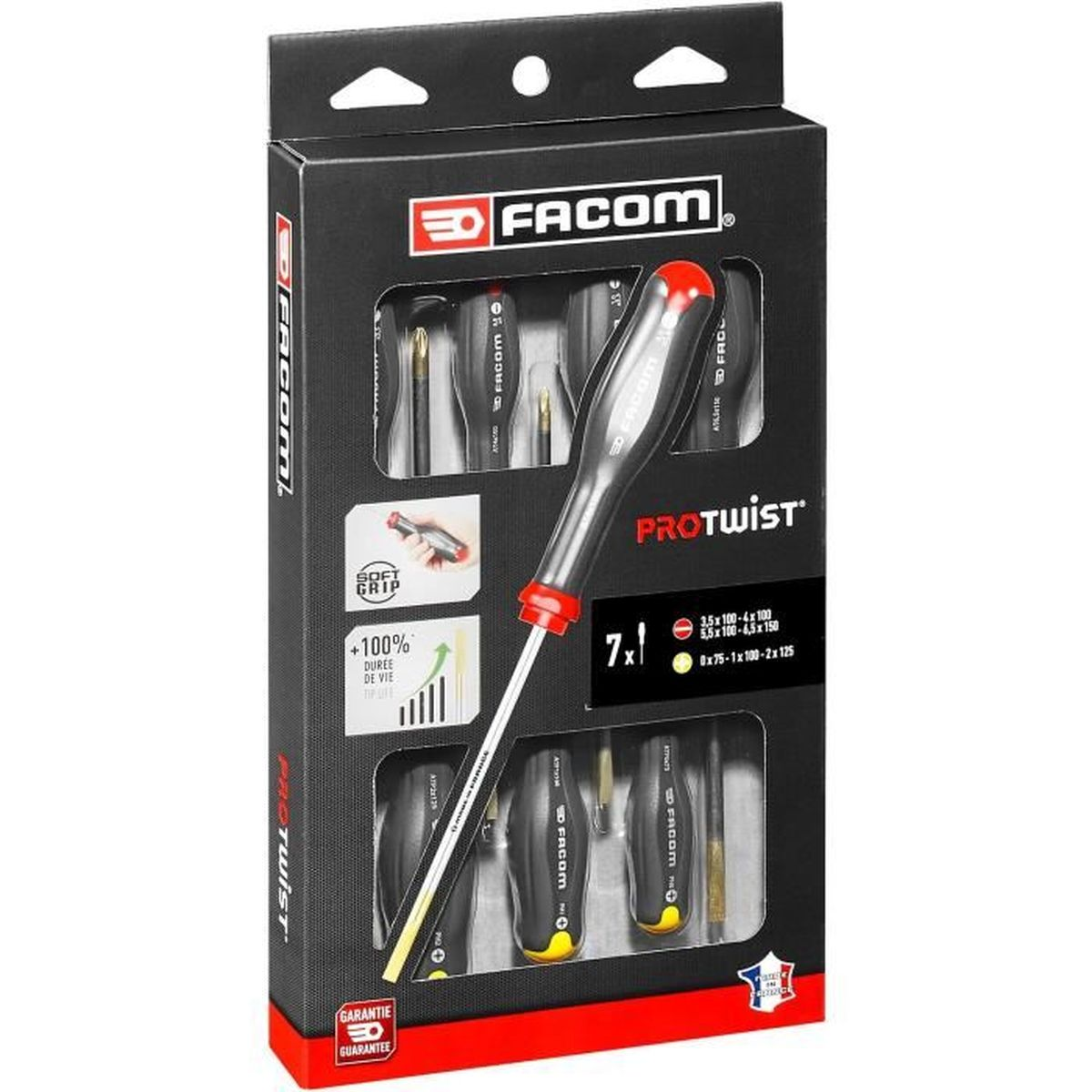 Ein Set von 7 Facom Schraubendrehern in einer schwarzen Verpackung mit roten Akzenten.