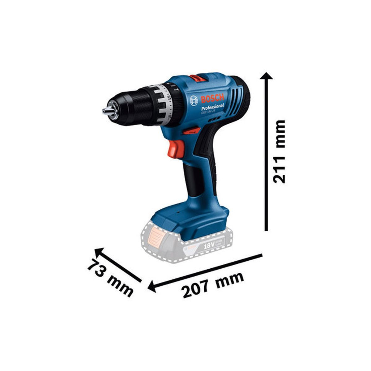 Blauer Bosch Akkuschrauber mit Maßen: 207 mm lang, 73 mm breit, 211 mm hoch.