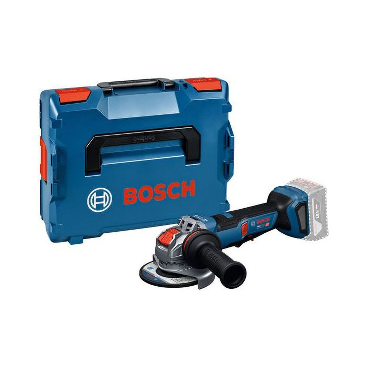 Bosch Winkelschleifer mit blauem Koffer und roter Akkuanzeige.