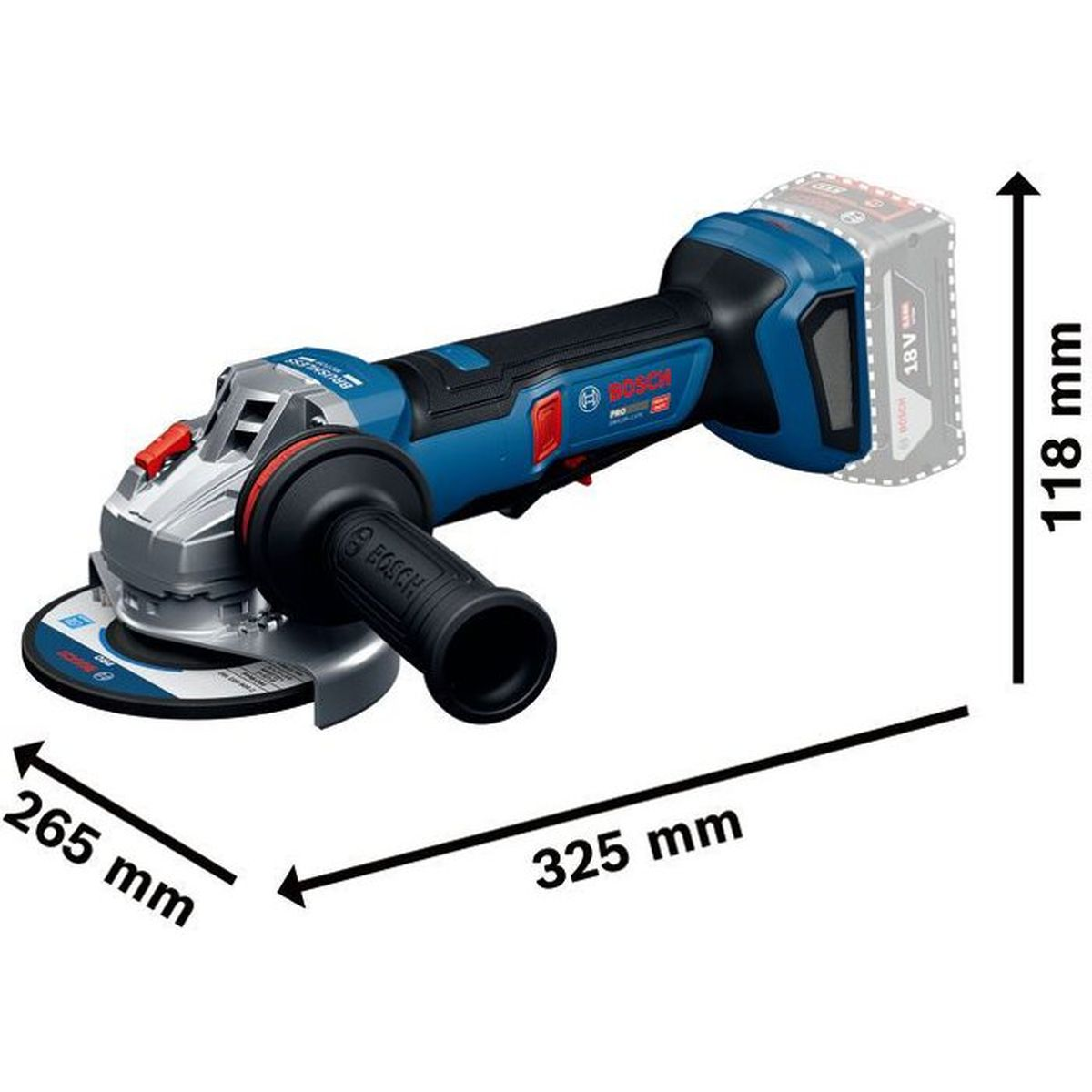 Blauer Bosch Winkelschleifer mit 18V Akku, 265mm und 325mm Maßen.