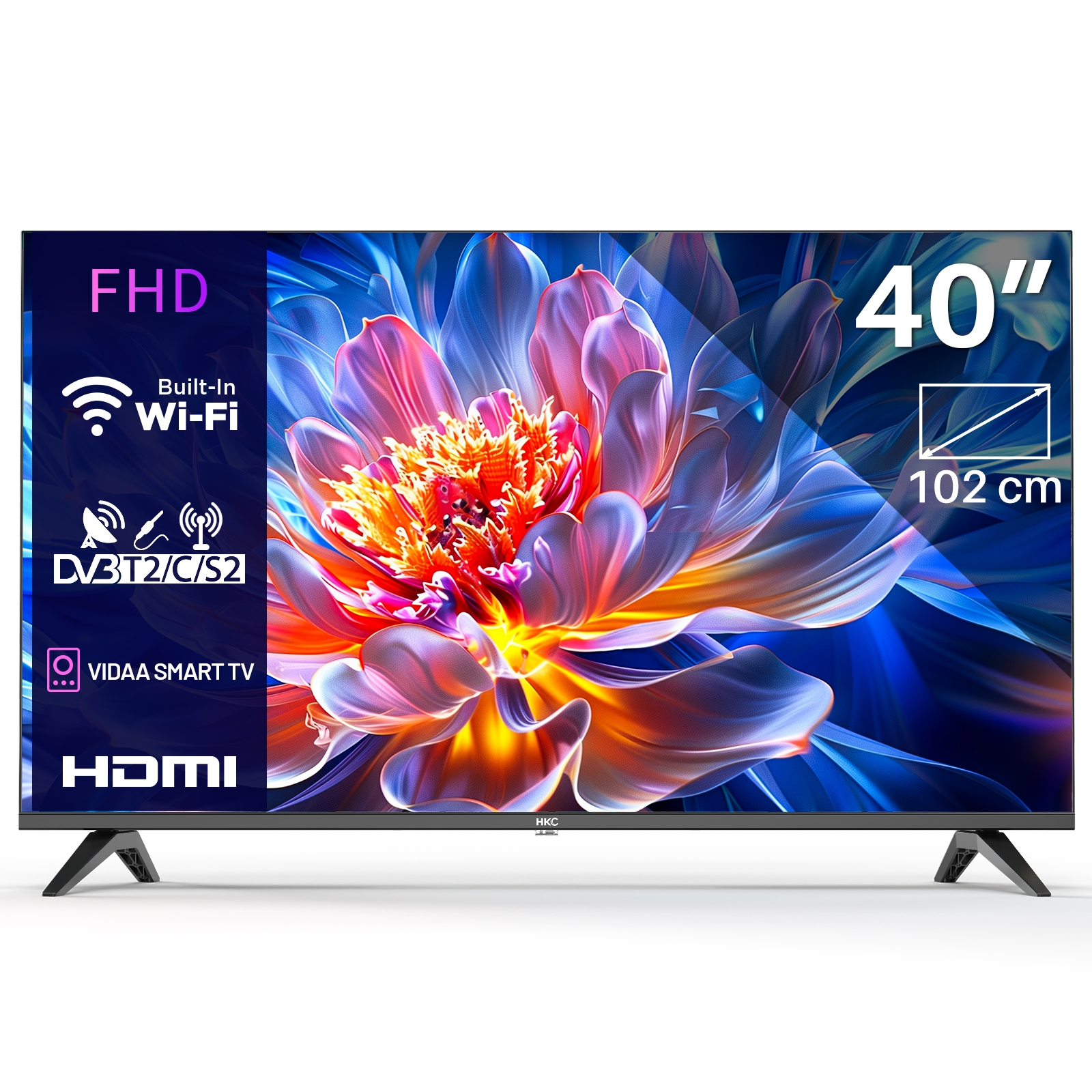 Ein 40-Zoll-HKC-Fernseher mit FHD, WLAN, DVB-T2/C/S2 und HDMI.