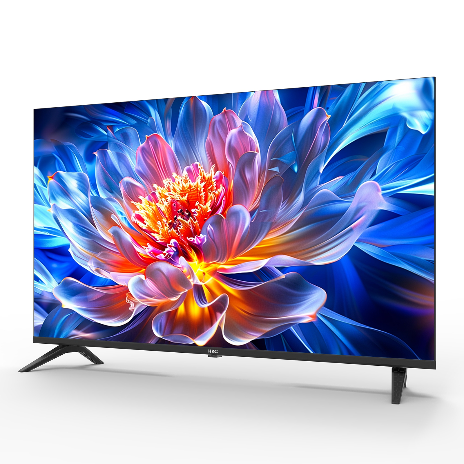 Ein moderner schwarzer Fernseher zeigt ein farbenfrohes abstraktes Blumenbild.