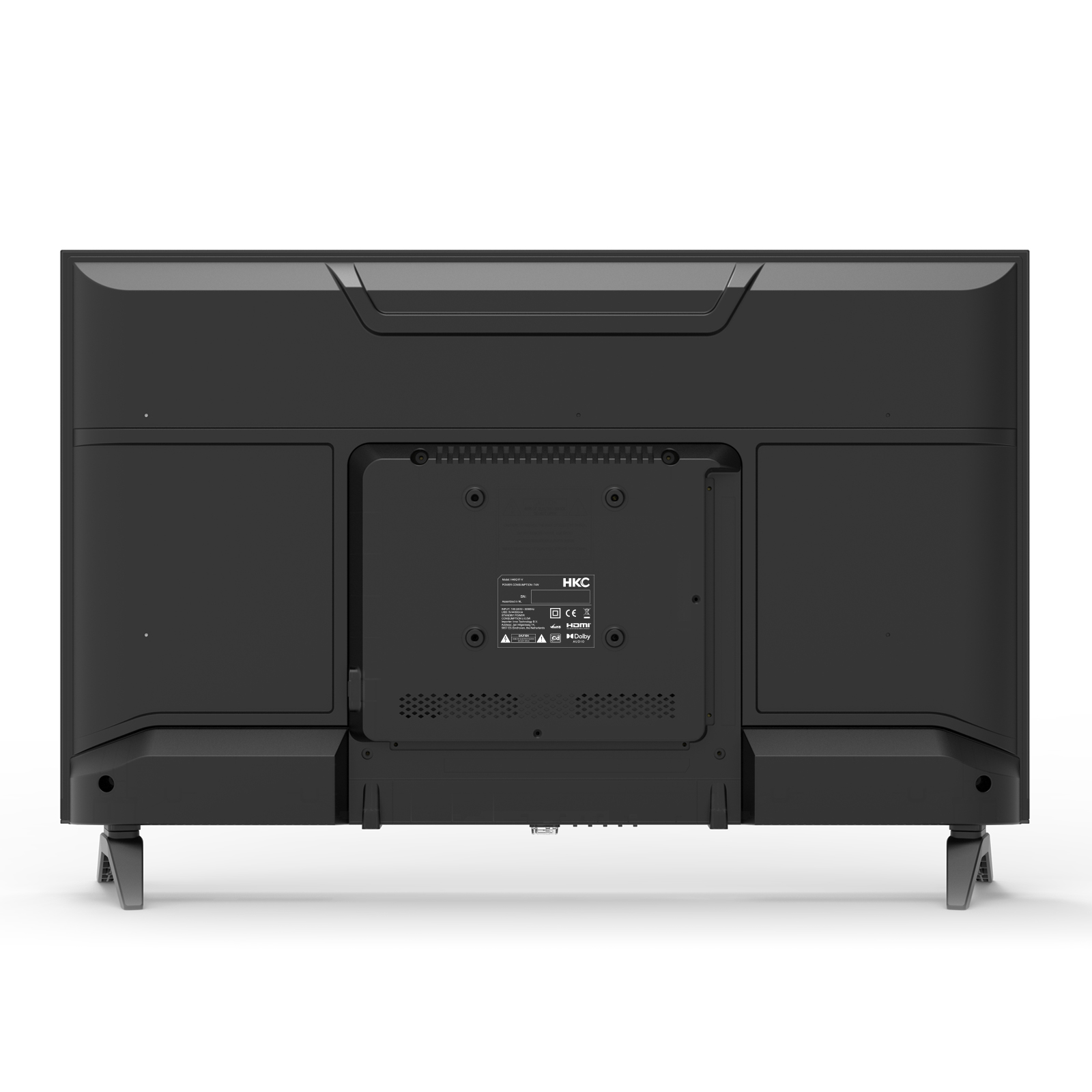 Die Rückseite eines schwarzen Fernsehers mit zwei Standfüßen, mittig mit Anschlüssen.