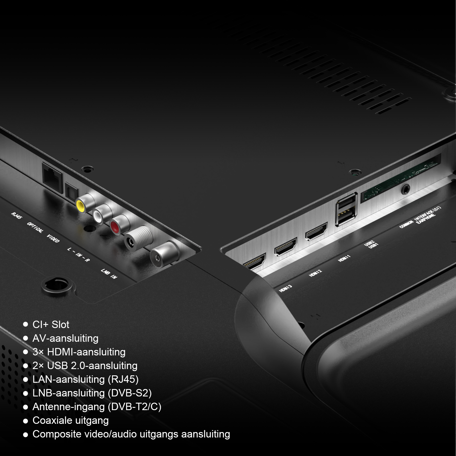 Rückseite eines Fernsehers mit Anschlüssen wie HDMI, USB, LAN und Antenneneingang.