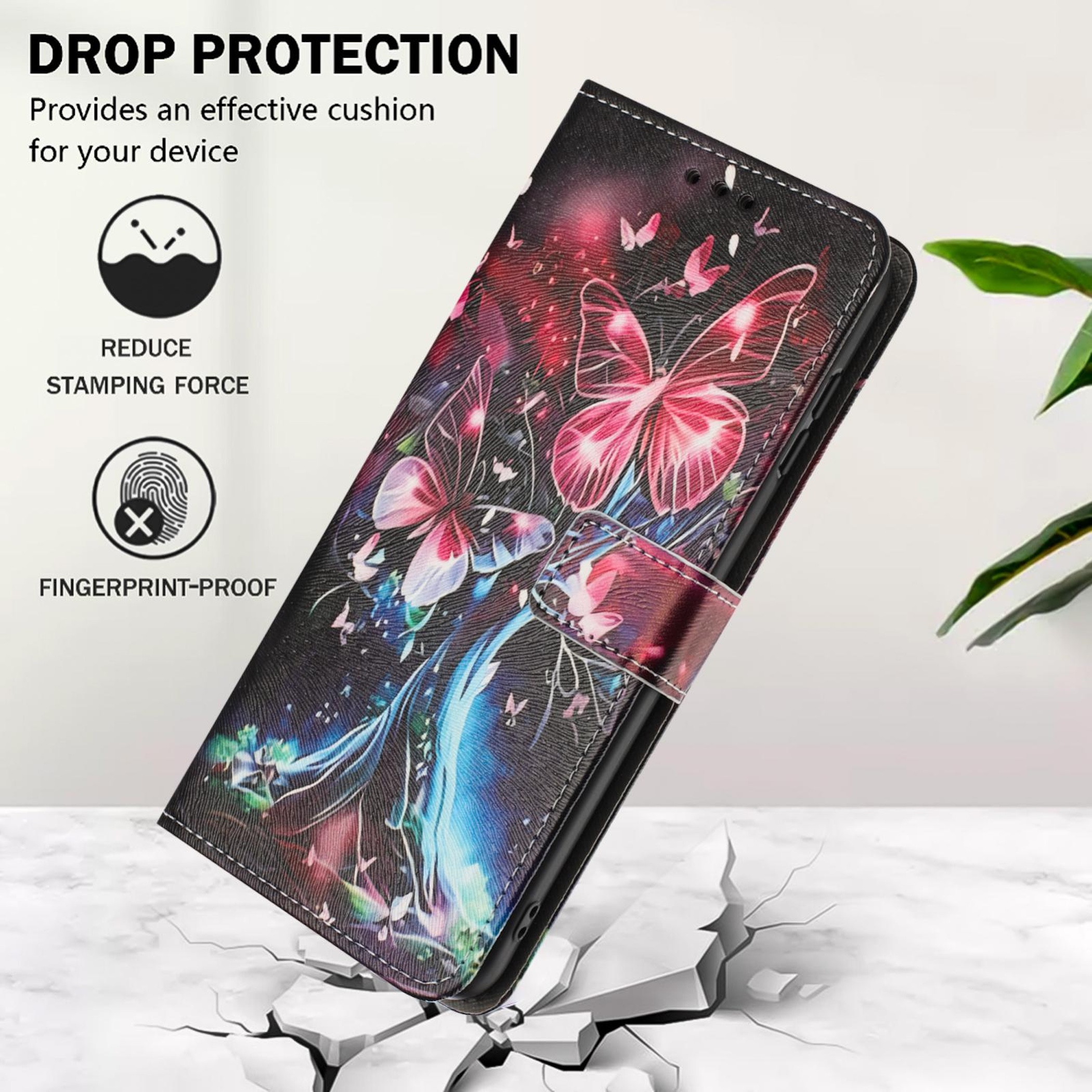 Ein Flip-Case mit Schmetterlingsdesign, das Drop-Schutz bietet.