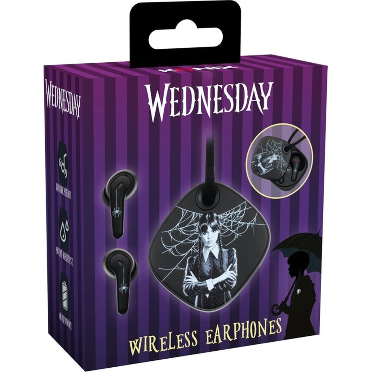 Opakowanie słuchawek bezprzewodowych z motywem Wednesday Addams i pajęczyn.